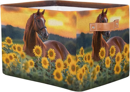 Animal Horse Sunflower Square Storage Basket Bin Canvas Fabric Compressible Organizer Basket with Handle for Bedroom Nursery Office, 1PCS