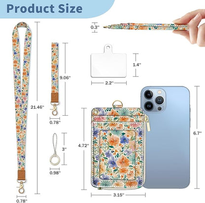 Lanyard Wallet with Id Badge Holder, Flower RFID Small Keychain Wallet Women Wristlet, Cute Zipper Credit Card Holder Phone Wrist Neck Strap for Key Name Tag, Teacher Student Office Gifts