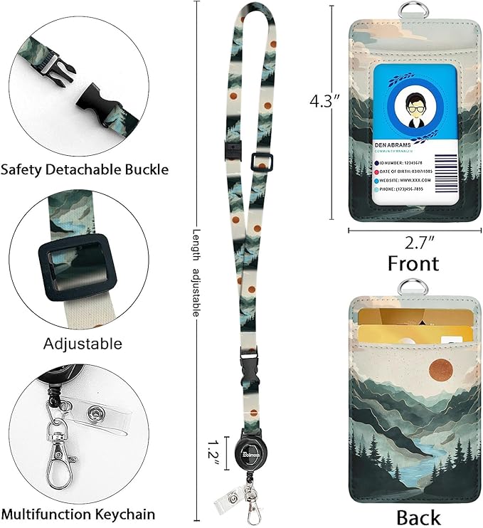 bolimoss Mountain Lanyards for ID Badges, Landscape PU Leather Badge Holder with Detachable Neck Lanyard Strap, Adjustable Retractable Badge Holder with Swivel Metal Clasp, Name Tag Holder for Teacher