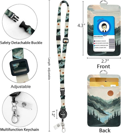 bolimoss Mountain Lanyards for ID Badges, Landscape PU Leather Badge Holder with Detachable Neck Lanyard Strap, Adjustable Retractable Badge Holder with Swivel Metal Clasp, Name Tag Holder for Teacher