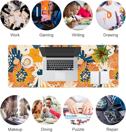 QiyI Large Desk Pad, Floral Mouse Pad Desktop Decor, Waterproof PU Leather Desk Cover Protector, Desk Accessories for Office Home Work Writing Gaming 31.5" x 11.8" - Orange Blue Flowers