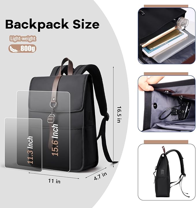 Slim Vintage Laptop Backpack for Men & Women, 15.6 Inch Business Work Backpack with USB Charging Port, Anti-Theft Flap Computer Bag for Commuter Travel – Black