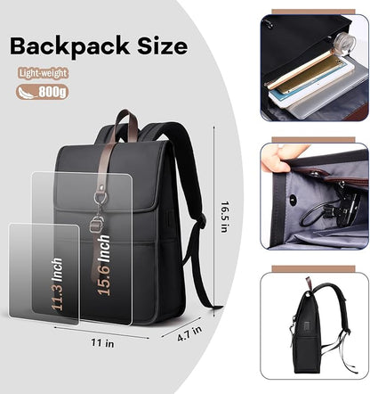 Slim Vintage Laptop Backpack for Men & Women, 15.6 Inch Business Work Backpack with USB Charging Port, Anti-Theft Flap Computer Bag for Commuter Travel – Black