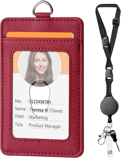 Leather Badge Holder and Adjustable Retractable Lanyards, Quick Release Buckle and Safety Breakaway Lanyards with Swivel Metal Clasp for Offices, Staff, Students, Employees