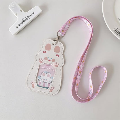 Cute Badge Holder Lanyard Cartoon Bunny ID Card Holder Kawaii ID Badge Keys Lanyard Strap Neck Lanyard PU Leather Badge Holder for Women Girls Boys (Bunny)