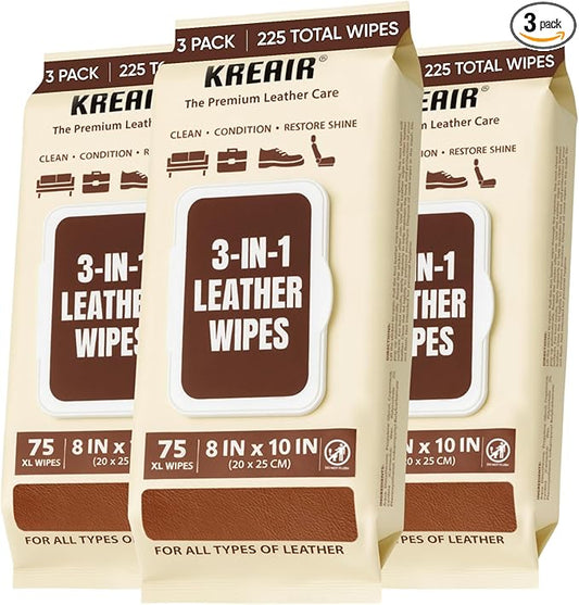 3in1 Leather Wipes 225 XL Count, Clean, Condition & Restore Shine, Extra-Large 8"x10" Wipes for Car Seats, Shoes, Furniture & Bags, Thick, Durable & Non-Linting, Safe for All Leather Types