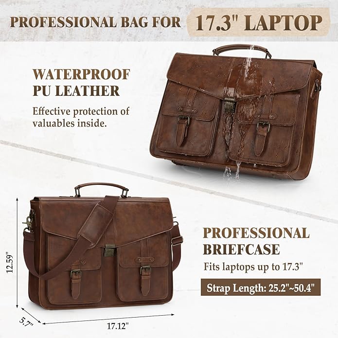 RAINSMORE 17.3 Inch Men's Messenger Bag, PU Leather Laptop Briefcase for Work, Office & Business Travel, Spacious Satchel Bag