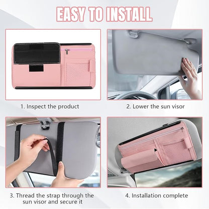Hovom Car Visor Organizer, Leather Multi-Pocket Auto Sun Visor Storage Pouch with Sunglasses Holder, Card Holder, Zipper Pocket, Net Pocket, Pen Slot, Universal Interior Car Accessories (Pink)