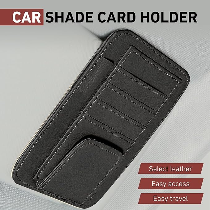 Small Leather Car Sun Visor Organizer, 4.9" x 6.1" Multifunctional Strap-On Document Sunshade Storage Holder for Card Pen Sunglasses License, Universal for Most Cars Trucks SUVs (Black)