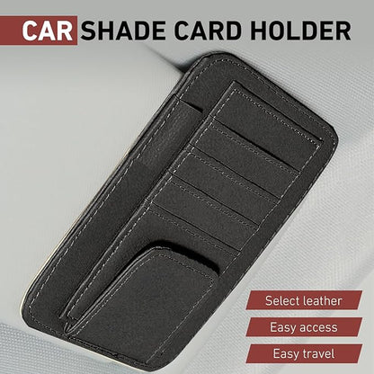 Small Leather Car Sun Visor Organizer, 4.9" x 6.1" Multifunctional Strap-On Document Sunshade Storage Holder for Card Pen Sunglasses License, Universal for Most Cars Trucks SUVs (Black)