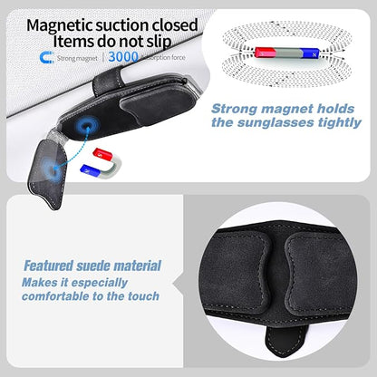 Car Sunglasses Holder - Visor Clip Style & Magnetic plush leather construction Doubles as credit card & fuel card box with storage pocket &Holds sunglasses