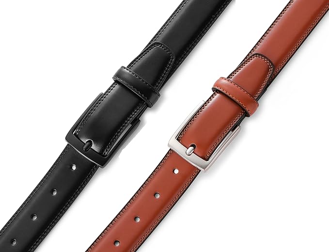 MILORDE Men's Leather Dress Belt 2Pack, Handmade, Genuine Leather, Fashion & Classic Designs for Work Business and Casual