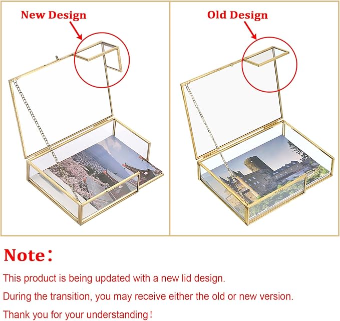 Hipiwe Gold Glass Photo Box - Vintage Photo Storage Organizer, Trinket Box Jewelry Display Organizer Photo Keepsake Box Case Home Decor (Medium)