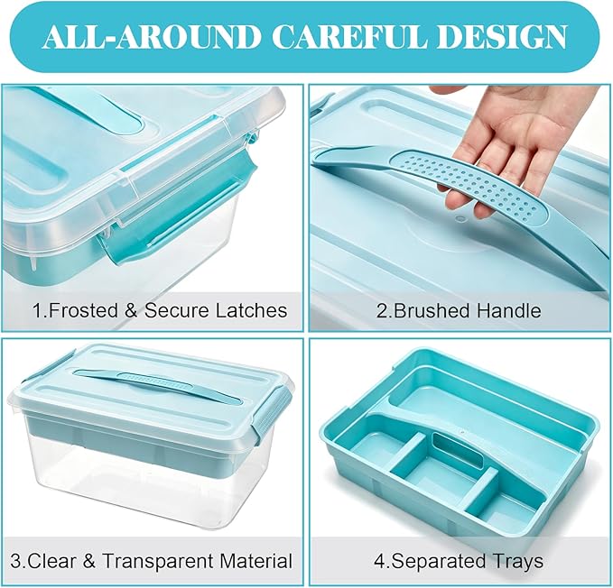 Yesland Stack & Carry Box with Removable Tray, 16 x 11 x 6.5 Inch Plastic Art Supply Storage Organizer Craft Storage Containers with Handle, Portable Organizer Bin for Stationery Sewing Jewelry, Blue