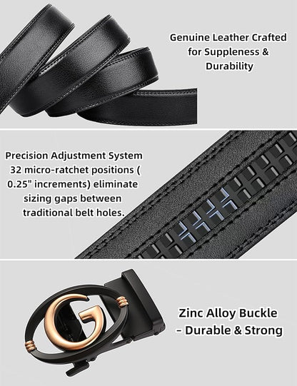 Men's Ratchet Belt Leather Belt Adjustable for Men Gift 1 3/8-Cut for Perfect Fit