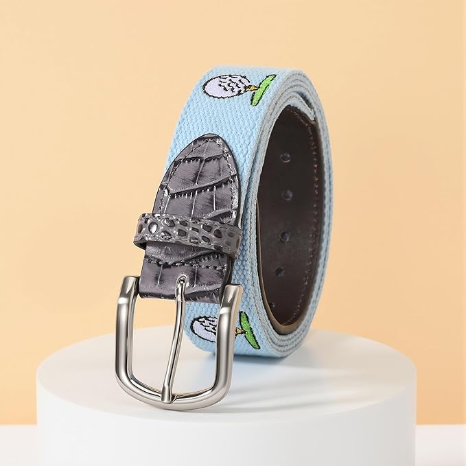 Mile High Life Golf Belts for Men, Canvas Belt with Genuine Leather Tips, Embroidered 2 Layer Web Belt with Pin Buckle