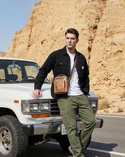 Men's Vinatge Leather Crossbody:Compact with Organized Pockets,Stylish & Functional for Everyday Carry