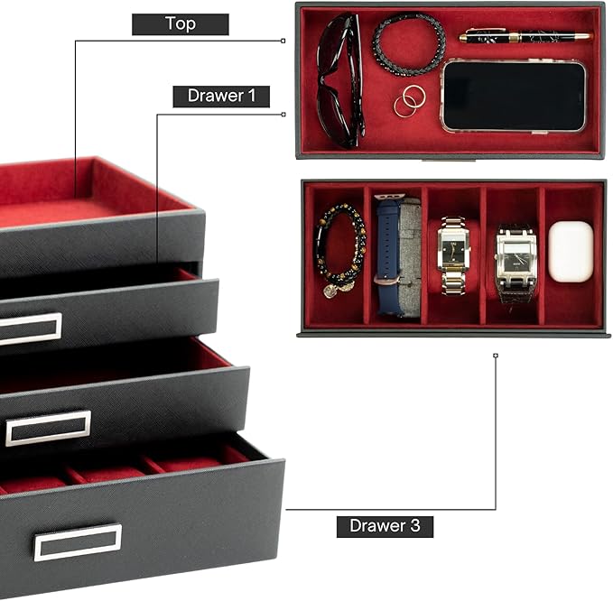 Multi-Purpose 3-Tier Faux Leather 5-Watch and Jewelry Box Organizer, Valet Tray for Necklaces, Earrings, Bracelets and rings (Blossom Life)