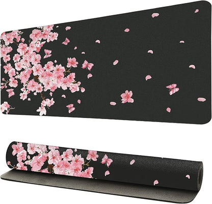 Pink Cherry Blossoms Desk Mat, Classic PU Leather Desk Pad for Women - Large Non-Slip Office Mat for an Elegant Gaming & Home Workspace（31.5 * 15.75in）