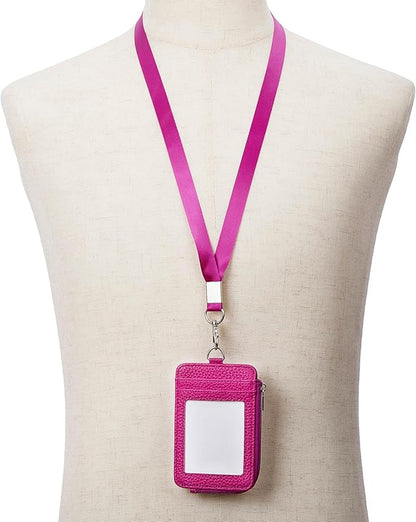 Badge Holder – Genuine Leather ID Badge Holder with Zipper Pocket and Nylon Lanyard – Perfect for Badges, Cards, and More