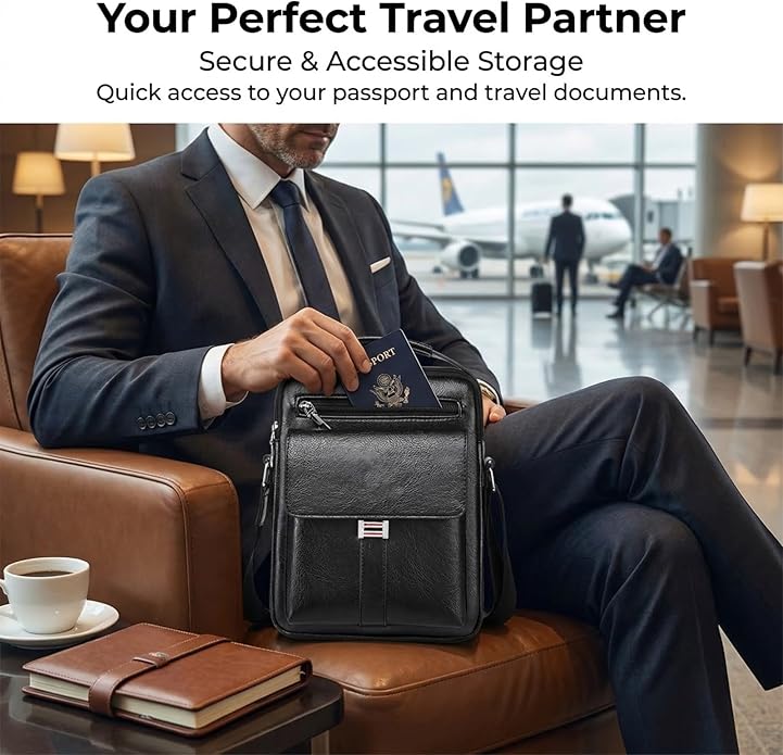 Men's Leather Crossbody Bag, Casual leather Bag for Men, Crossbody Bag Office Business,Handbag Purse Zipper