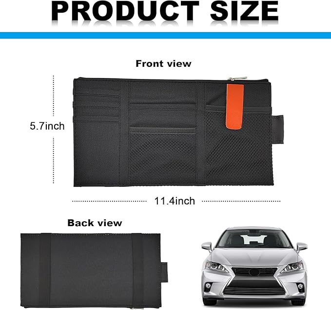 Car Sun Visor Organizer, Auto Interior Visor Storage Pouch Holder with Zipper, Multi-Pocket Net Personal Belonging Organizer, Universal Car Accessory for Cards, Documents (Black)