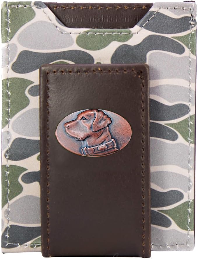 ZEP-PRO Lab Men's Magnetic Front Pocket Old School Camo Leather Wallet – Slim Design with Card Slots and Money Clip, Green/Gray Camo