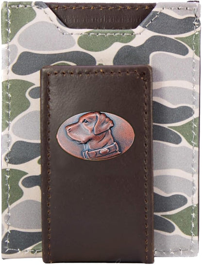 ZEP-PRO Lab Men's Magnetic Front Pocket Old School Camo Leather Wallet – Slim Design with Card Slots and Money Clip, Green/Gray Camo