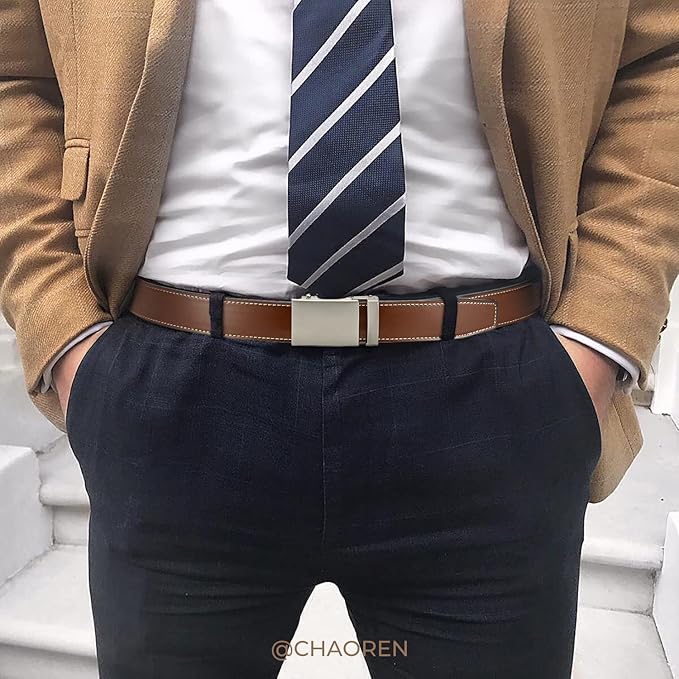 CHAOREN Mens Belt - Mens Ratchet Belt Leather 1 3/8" for Dress Pant - Micro Adjustable Belt Fit Everywhere