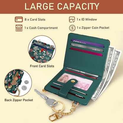 Jogjam Mushroom Green Rfid Ladies Wallet, Small Slim Thin Compact Credit Card Women Wallet, PU Leather Bifold Cash Zipper Coin Pocket ID Window for Female