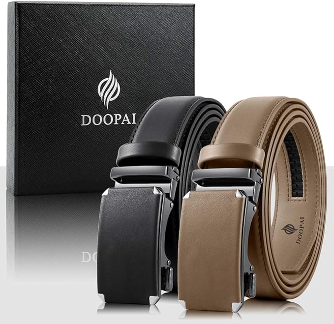 DOOPAI Men's 2 Pack Ratchet Dress Belt - Adjustable 1 3/8" Genuine Leather, Size Length Can Be Cut, With Gift Box