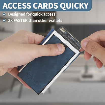 Mens slim Wallet，with RFID Shielding, Holds 9 Cards Easily, card wallet for Men, Minimalist Wallet For Men, Made of aluminum and Pu Synthetic Leather, Includes Cash clip (Blue)