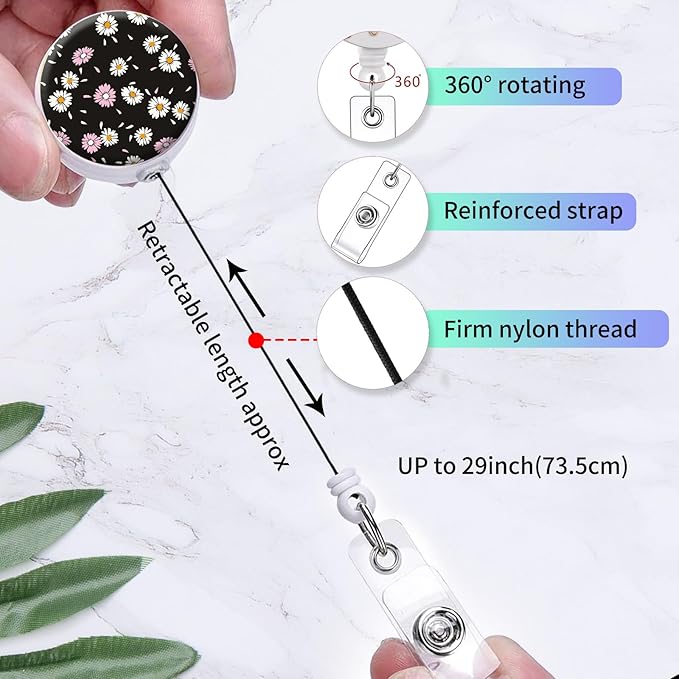2 Pack Badge Reels Holder Retractable with ID Clip for Nurse Name Tag Card Nursing for Doctor Teacher Student Employee Office Medical Work (Cute Daisy)