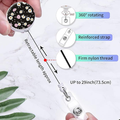 2 Pack Badge Reels Holder Retractable with ID Clip for Nurse Name Tag Card Nursing for Doctor Teacher Student Employee Office Medical Work (Cute Daisy)