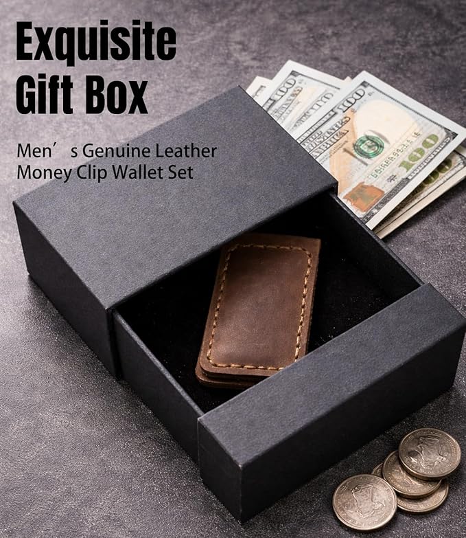 Slim Magnetic Money Clip, Genuine Leather Business Card Holder, Gift Box Included