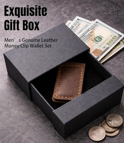 Slim Magnetic Money Clip, Genuine Leather Business Card Holder, Gift Box Included