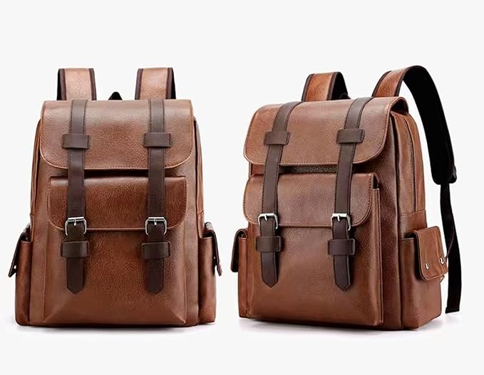 Business Men and Women PU Leather Backpack 15.6inch Laptop Waterproof Backpack Travel Commuter Lightweight schoolbag (Khaki backpack10,Medium)