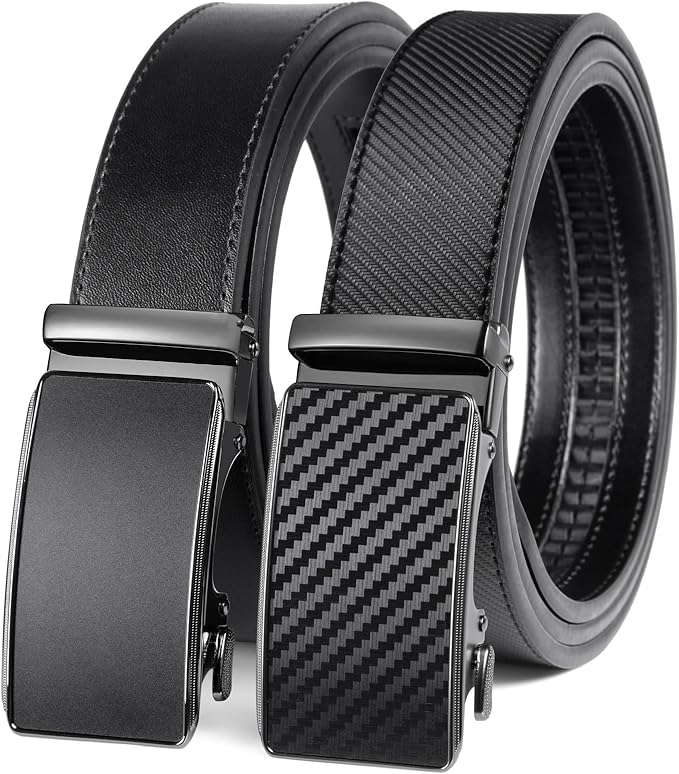 2 Pack Ratchet Belt 1 3/8", Mens leather Dress Belt in Gift Set Size 28"-62" Adjustable waist Trim to Fit