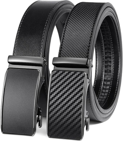 2 Pack Ratchet Belt 1 3/8", Mens leather Dress Belt in Gift Set Size 28"-62" Adjustable waist Trim to Fit