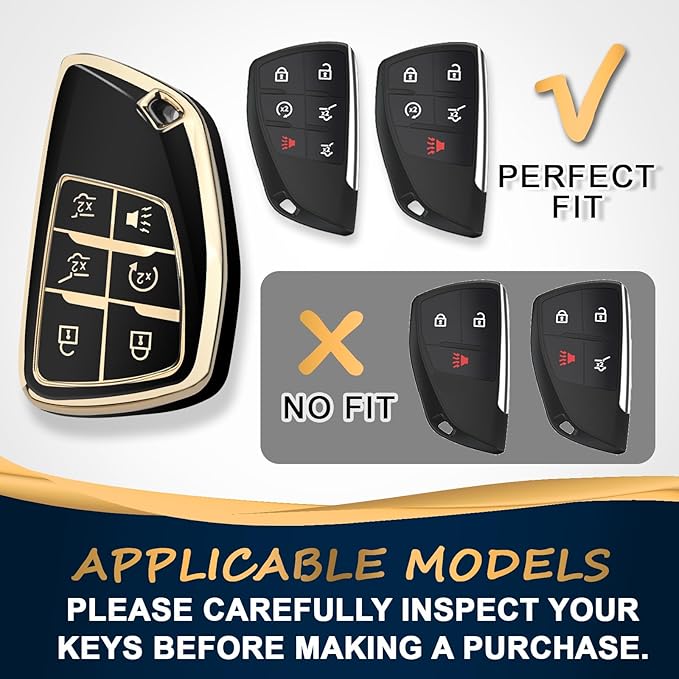 QBUC for Chevy Key Fob Cover with Keychain Soft TPU Protection Case Compatible with 2021-2026 Chevy Tahoe Suburban GMC Yukon Denali Silverado 6-Buttons(Gold Trim Black)