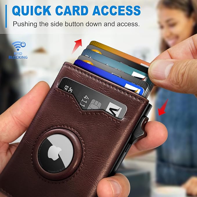 miyozi Airtag Wallet for Men,with Cash Pocket 2 ID Window 9-12 Cards,Metal Case Smart Slim Pop Up Credit Card Holder Flip with Magnetic Closure RFID Blocking Trifold wallet with Gift Box