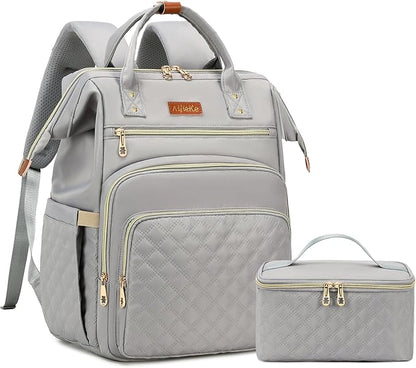 Lunch Backpack, 15.6 inch Laptop Backpack with Insulated Lunch Bag, Backpack Cooler for Women, Large Travel Backpack Lunch Box Compartment, Work Computer Backpack, Teacher College Book Bag, Grey