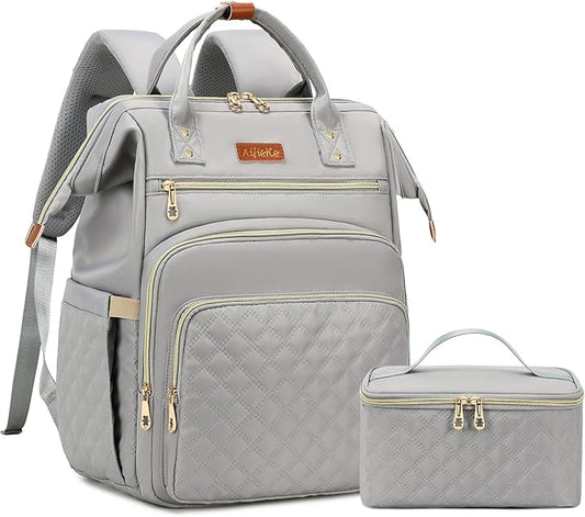Lunch Backpack, 15.6 inch Laptop Backpack with Insulated Lunch Bag, Backpack Cooler for Women, Large Travel Backpack Lunch Box Compartment, Work Computer Backpack, Teacher College Book Bag, Grey