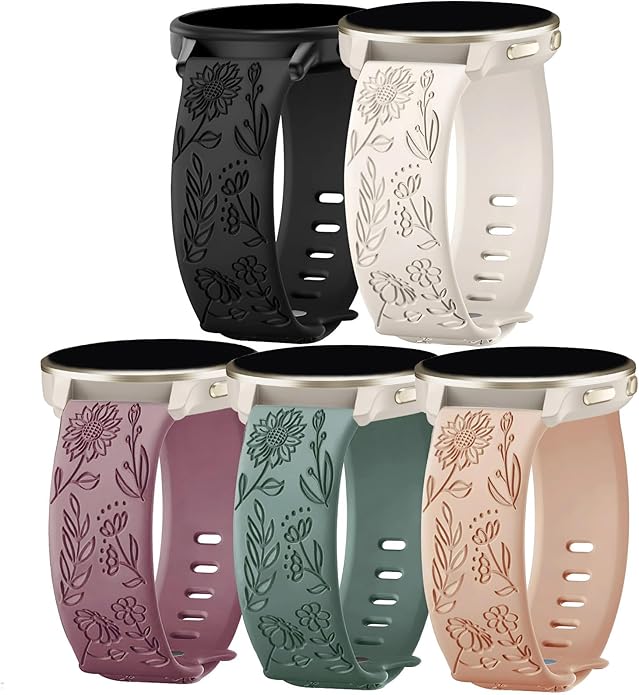 5 Pack Floral Engraved 22mm Watch Bands Compatible with Garmin Venu 3 /Venu 2 / Venu 4 45mm /Vivoactive 4, Soft Silicone Sport Straps for Garmin Forerunner 255/265 Women