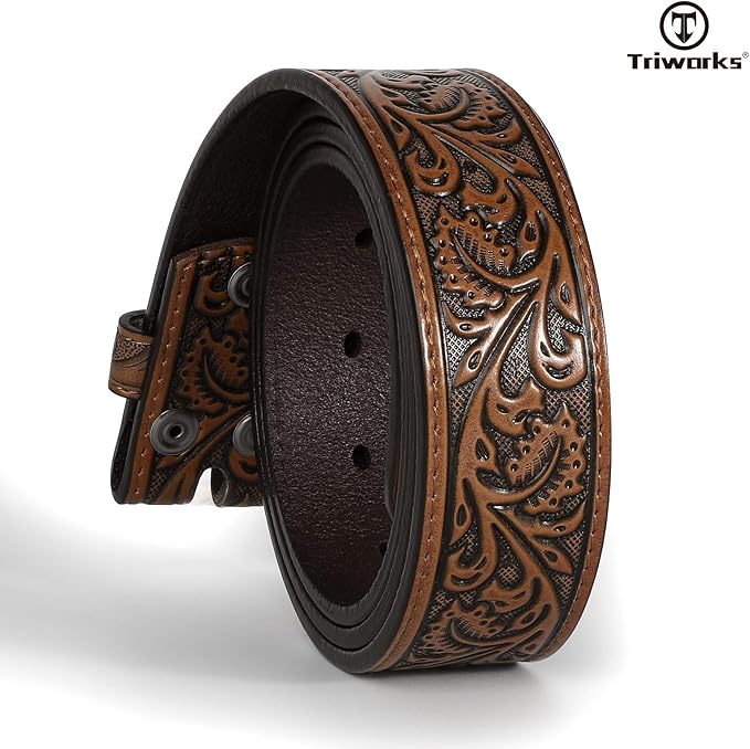 TRIWORKS Western Belt Strap for Men without Buckle 1.5" Wide Floral Engraved Embossed Leather Belt Strap