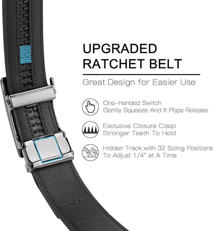 SENDEFN Men's Leather Belt Automatic Ratchet Buckle Slide Belt for Dress Casual Trim to Fit with Gift Box