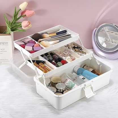 BTSKY 3-Layer Plastic Dividing Storage Box Craft Organizer with Adjustable Spacers Portable Handled Art Supply Organizer Multipurpose Home Utility Box for Medicine Box Sewing Box (Beige White)