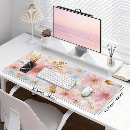 Desk Mat Desk Pad for Keyboard and Mouse, 31.5 x 15.7 in, Pastel Pink Blue Floral Watercolor PU Leather Computer Protector, Non-Slip Base, Waterproof, Easy Clean for Office Gaming, Mouse Pad