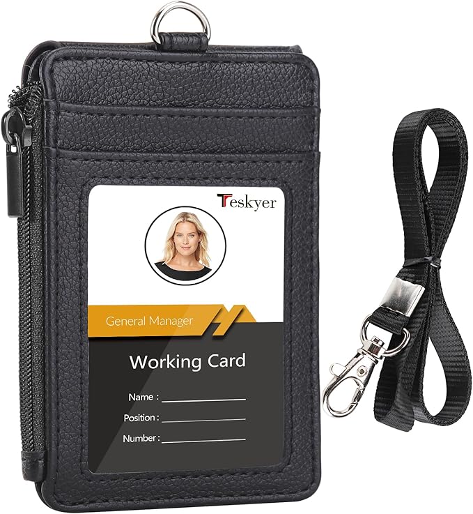 Teskyer Badge Holder with Side Zip Pocket, Multiple Card Slots Leather ID Holder Wallet with Neck Lanyard for Office Staffs, Teachers/Students, Workers, Cruise Cards, Bus/Metro Cards, Lichee Black