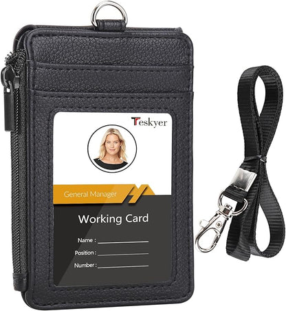 Teskyer Badge Holder with Side Zip Pocket, Multiple Card Slots Leather ID Holder Wallet with Neck Lanyard for Office Staffs, Teachers/Students, Workers, Cruise Cards, Bus/Metro Cards, Lichee Black